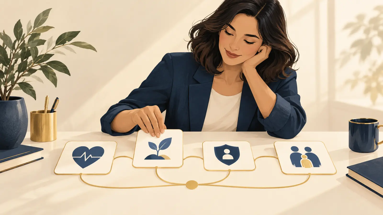 A professional calmly connecting health, savings, income protection, and family-security choices into one financial plan.